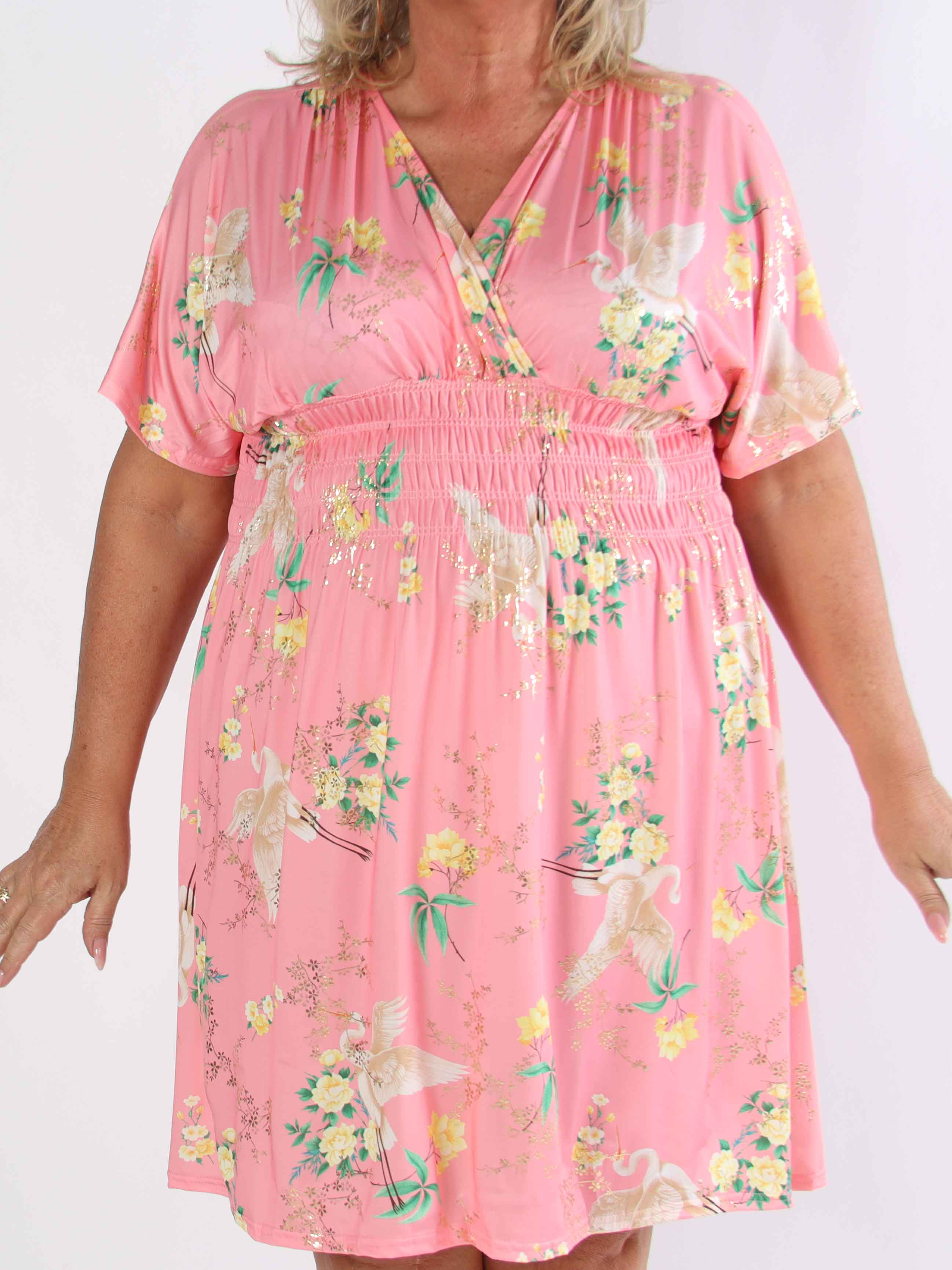 Pams Fly Short - Elastisk plus size-klänning med blommor och fåglar